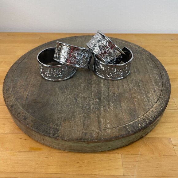 Vintage Floral Etched Napkin Rings Cuffs Set Of 4 Silver Tone - Picture 3 of 9